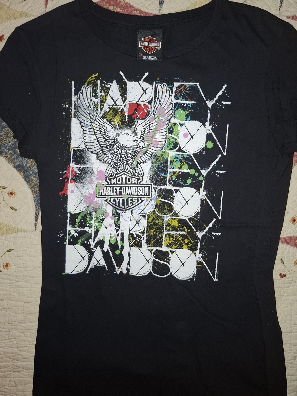 Harley-Davidson Black Tee with Multicolor Eagle and Badge